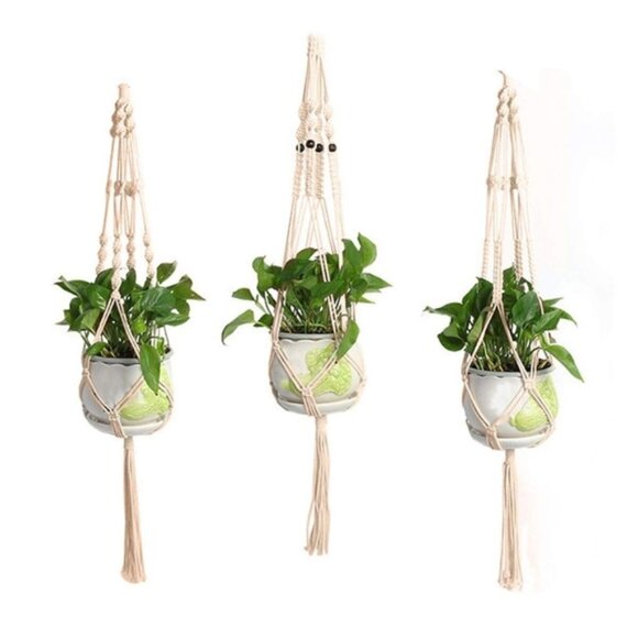 3PC Macrame Hanging Planters | Natural Beige | Cotton Cord | Boho Wall Decor - Picture 1 of 4